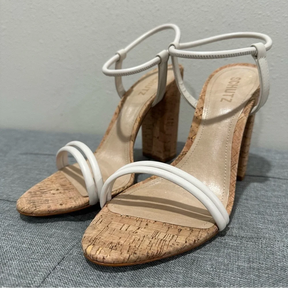SCHUTZ Gimenez Mid White Cork Heel Sandals